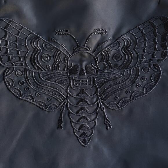 Bad Monday Bomber Jacket Mens Small Black Quilted Skull Moth Embroidered Zip - Picture 3 of 11